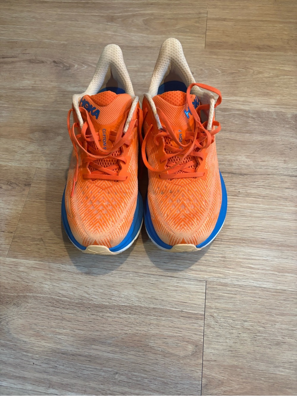 Hoka Men’s Clifton 9 Orange and Blue Athletic Sneakers